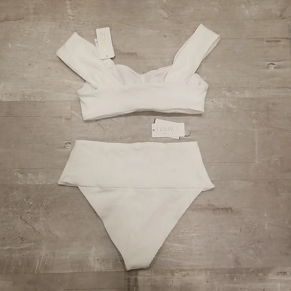 💕L*SPACE💕 Pointelle Rib Bikini Set - Gizelle Top + Desi Bottom ~ White XL NWT